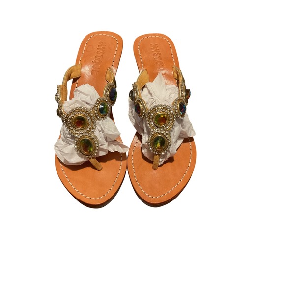 Mystique Jeweled Thong Wedge Sandals Colorful Gemstones Designer Shoes‎ Size 9 - Picture 1 of 11
